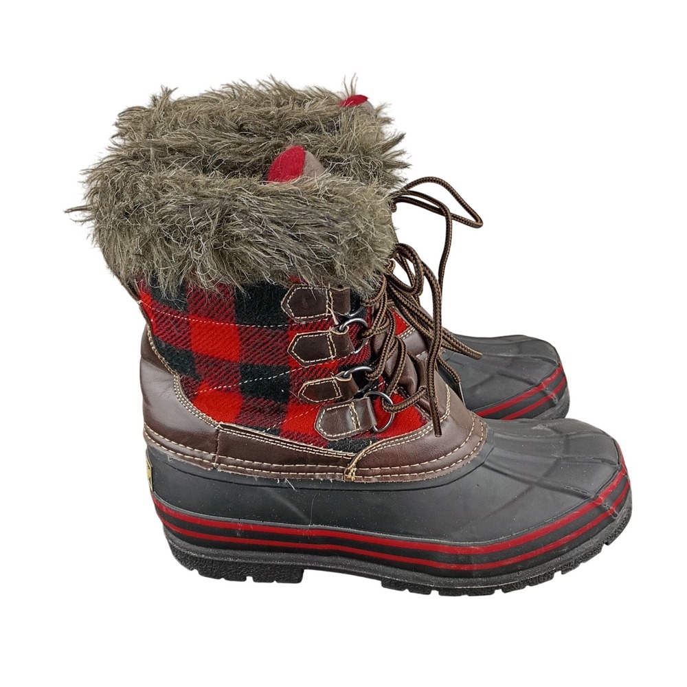 Tamarack Womens Buffalo Plaid Duck Boots Red Black Faux Fur Thinsulate Size 7